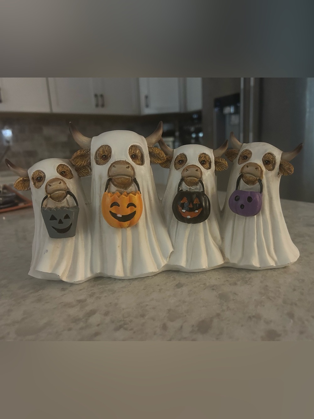 “New” Ghost Cow Halloween Figurine Set - White Ghost Cows with Pumpkin Buckets
